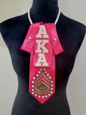 AKAlpha Pink Sorority Statement Necklace Tie with Pearl Chain
